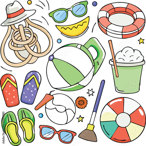 Colorful beach and summer vacation doodles and illustrations