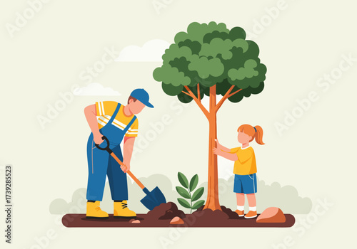 Father and daughter collaborate to plant a new tree, nurturing environmental stewardship and fostering family connections through a shared green initiative