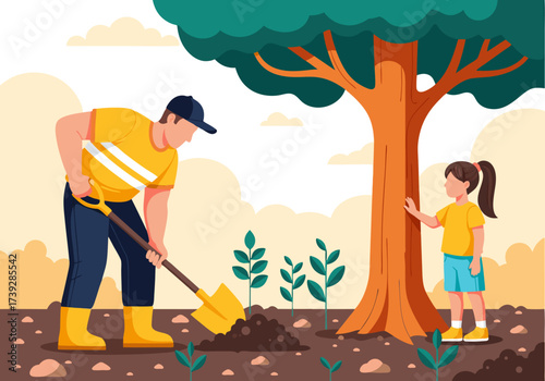 Father and daughter planting trees together, a heartwarming scene promoting environmental care and sustainable living for a greener future