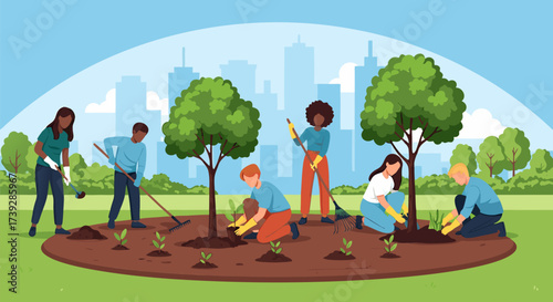 Diverse Community Volunteers Collaborating to Plant Trees and Nurture Seedlings, Fostering a Greener Urban Environment and Sustainable Future