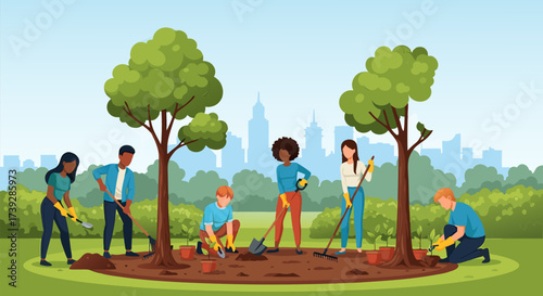 Diverse Group of Volunteers Engaged in Community Gardening, Planting Trees and Cultivating Green Spaces for a Sustainable Urban Environment