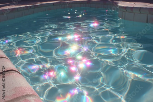 Sparkling water in a pool reflecting sunlight, with iridescent highlights and textured surface