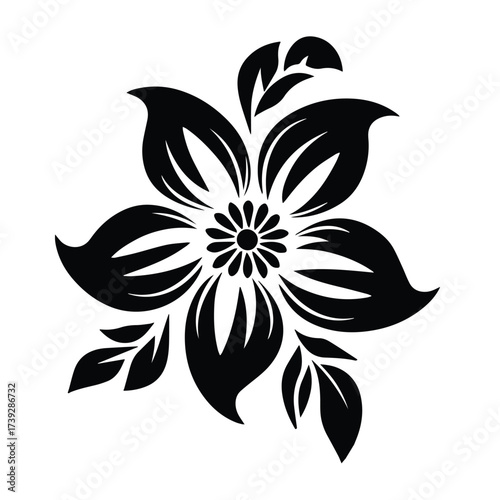 Vintage  Blooming Floral Black and White Shape Art Deco