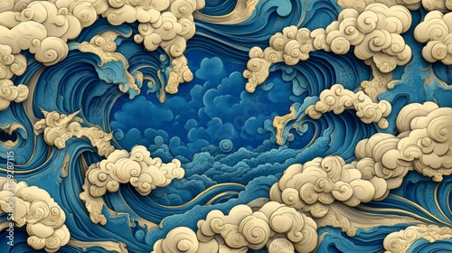 Modern abstract clouds are seamlessly integrated into an oriental Chinese style pattern