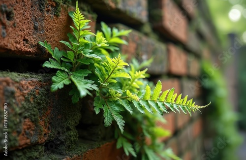 Fern grows on old brick wall covered with moss. Plant climbs on masonry. Sunlight illuminates green leaves. Concept of nature against urban development. Fresh plant sprout overcomes aging structure.