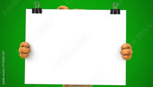 Hands holding a blank white sign against a vibrant green background for copy space.