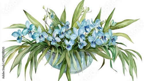 Vibrant blue orchids set amidst tropical leaves in a beautiful watercolor painting