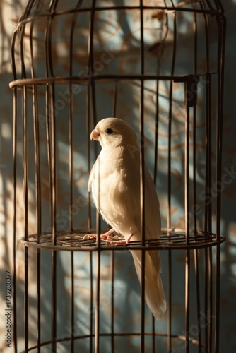 Captive white bird in vintage cage indoor setting photography soft lighting serene concept