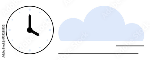 Analog clock and blue cloud with minimal lines beside them. Ideal for productivity, time tracking, cloud computing, efficiency, scheduling, digital storage, data organization. Simple flat metaphor