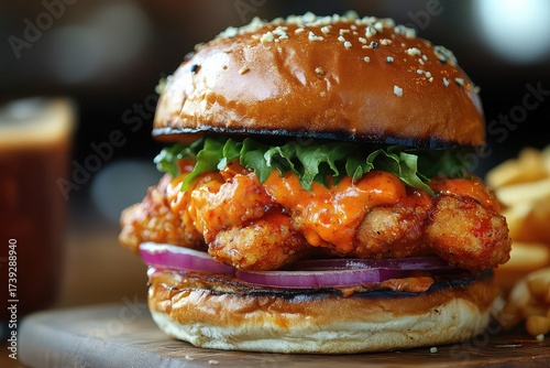 Chicken burger with spicy buffalo sauce and blue cheese crumbles