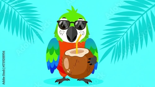 Parrot Enjoying Coconut Drink in Tropical Paradise with Sunglasses.