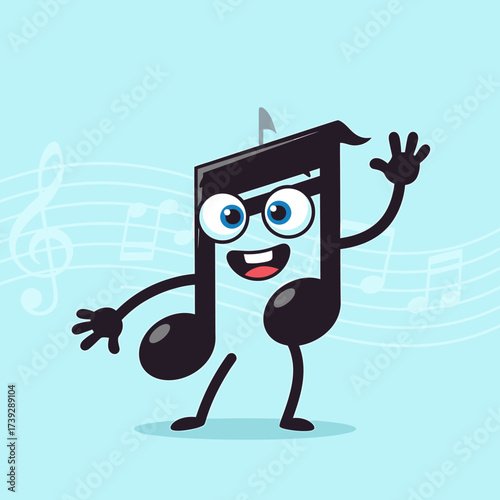 Cheerful cartoon musical note character waving hello on blue background, perfect for kids music lessons or playful educational materials