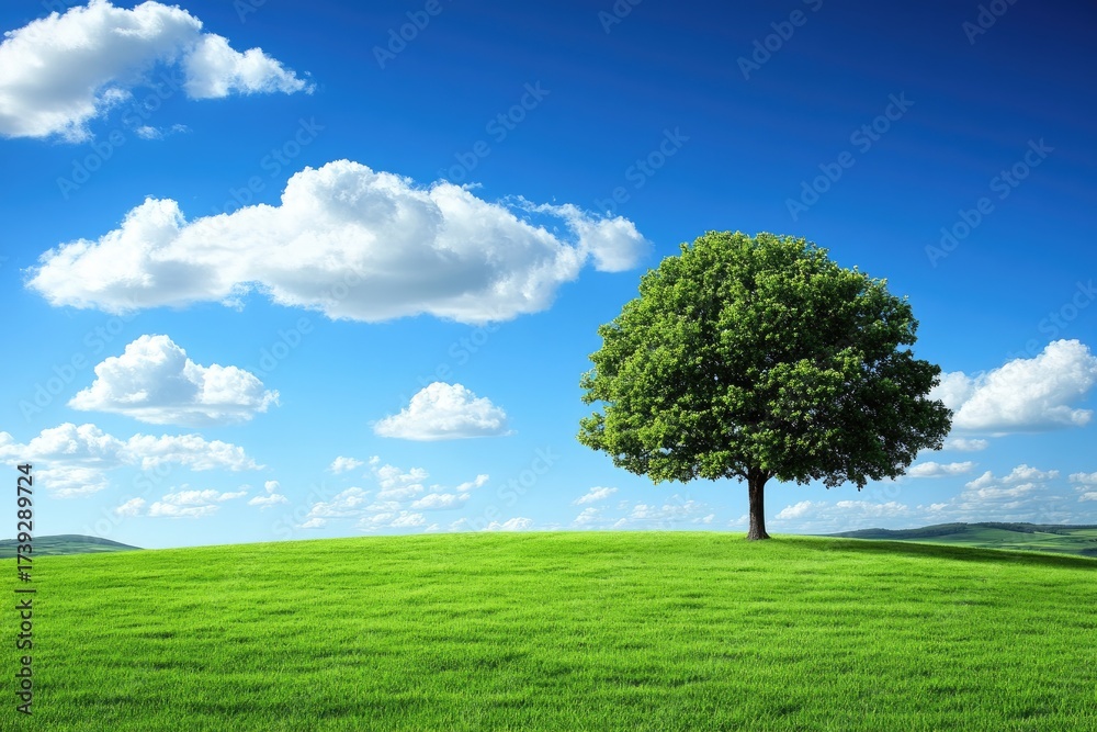 Obraz premium Lone tree on green hill under a sunny, clouded sky
