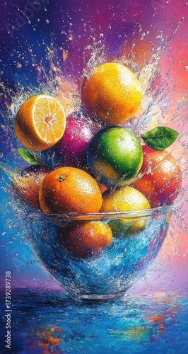 Citrus bowl splash. Colorful, vibrant. Fruity. Refreshing