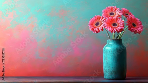 The watercolor illustration features Gerbera daisies in a vase with a speckled design and colorful hues