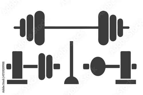 Heavy iron gym weights set, including dumbbells and barbells, for strength and fitness exercise, isolated on white