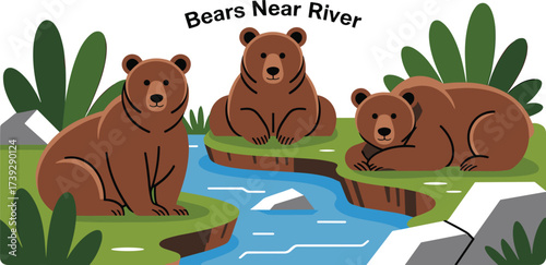 Brown bears near river, forest wildlife scene, peaceful nature illustration, animal behavior vector, cad drawing flat vector illustration, silhouette art