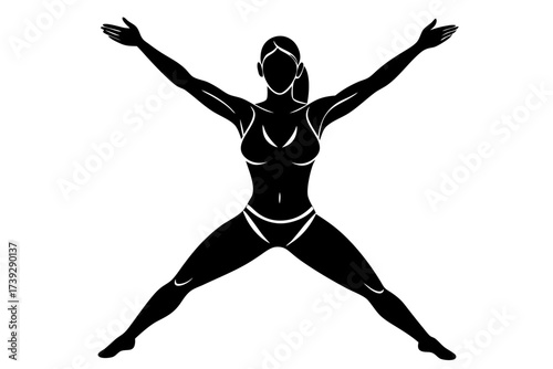 Black vector silhouette illustration of a woman runner in action, a ballerina jumping in a dance pose, and a child engaged in sport fitness