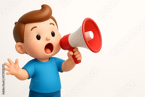 Energetic cute boy character shouting into megaphone with open mouth cheerful expression and brown hair communication announcement concept isolated on plain background
