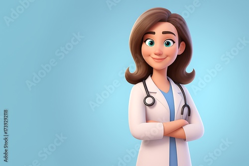Friendly professional woman doctor character in white lab coat with stethoscope and confident smile healthcare medicine and hospital concept isolated on light blue background