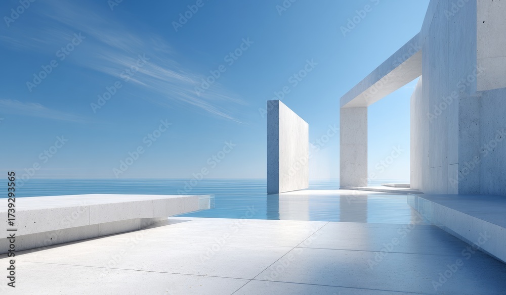 Obraz premium A modern architectural scene by the sea, featuring clean concrete structures, clear blue sky, and serene ocean view.