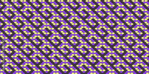 Abstract geometric textile pattern.  Purple and yellow hues create a dynamic, repeating design ideal for backgrounds, website banners, or fashion prints.
