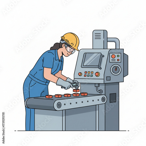 Female factory worker operating a conveyor machine and checking products for quality control.