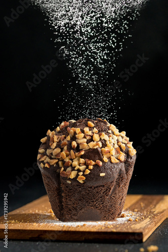 Chocolate muffin bake sprinkled with flour and sugar, giving it a delicious feel.