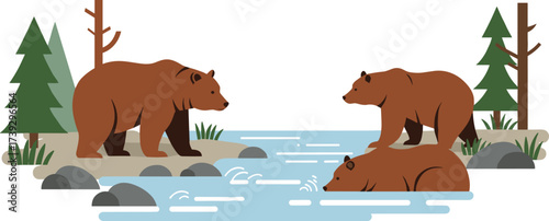 Brown bear forest scene, wildlife near river, nature illustration, animal behavior vector, cad drawing flat vector illustration, silhouette art