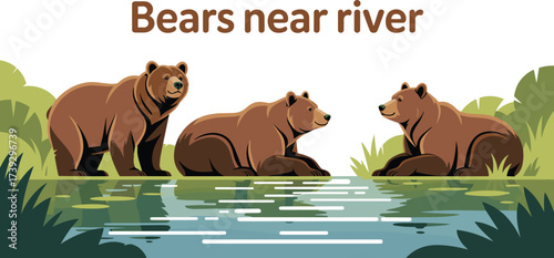 Brown bears near river, forest wildlife scene, peaceful nature illustration, animal behavior vector, cad drawing flat vector illustration, silhouette art