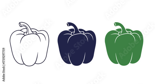 Three different representations of a bell pepper icon a simple outline a dark navy silhouette and a solid green color.