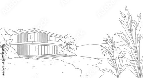 Architectural sketch of a modern house surrounded by trees and landscape elements.