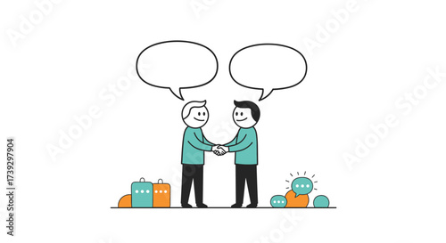Business partners shaking hands and discussing ideas with speech bubbles above their heads.