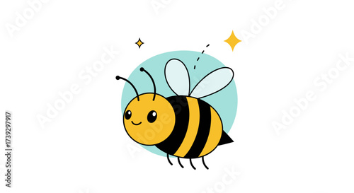 A cute cartoon bee flying with sparkles and a blue circle background illustration.