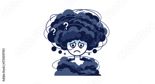 A person with a confused mind surrounded by chaotic thoughts and question marks representing uncertainty and anxiety.