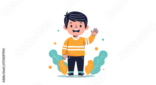 A happy cartoon boy waving hello surrounded by colorful abstract plants and decorative elements.