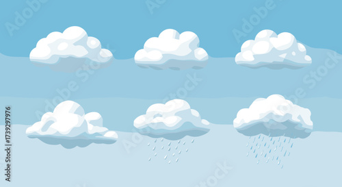 A collection of fluffy white clouds in a clear blue sky including some with rain falling.