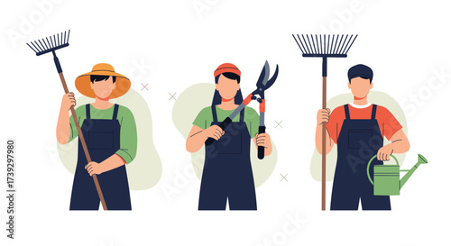 Three gardeners holding various tools ready for yard work.