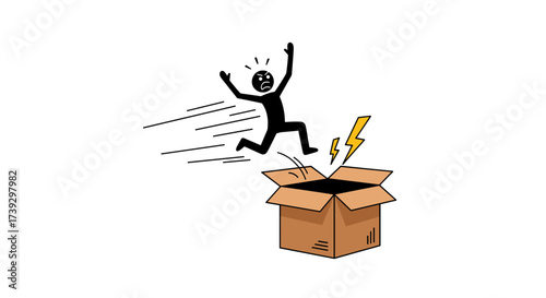 A stick figure character leaps out of a cardboard box with great energy and excitement.