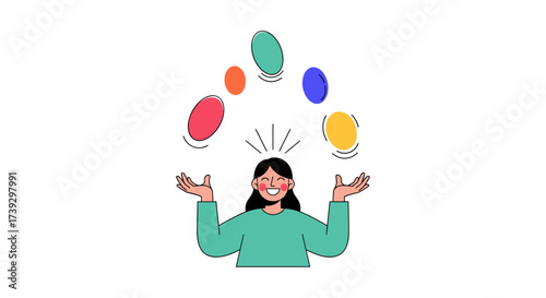 A happy person skillfully juggles colorful balls above their head with a smile.