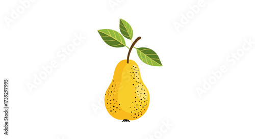 A fresh ripe yellow pear with green leaves on a stem.