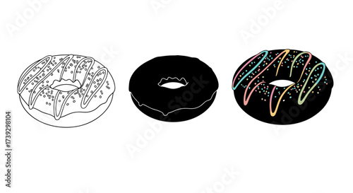 Three delicious donuts with different styles and decorations.