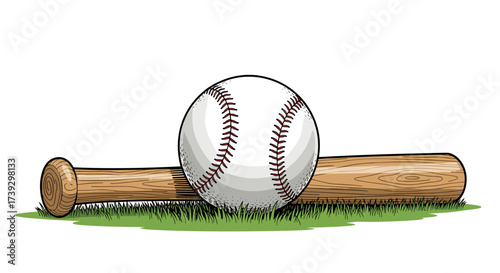 A classic baseball and bat rest on green grass awaiting the next game.