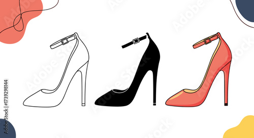 Collection of elegant high heel shoes in outline silhouette and coral color.