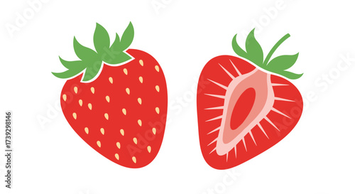 Two fresh red strawberries one whole and one sliced in half revealing its interior seeds and flesh.