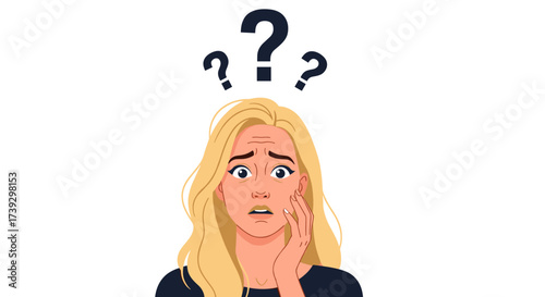A young woman looks confused with question marks floating above her head.