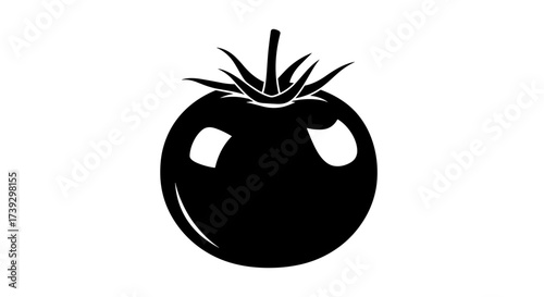 A simple black silhouette of a fresh ripe tomato with a stem and leaves.