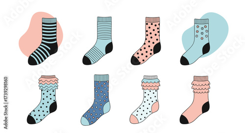 A collection of eight colorful patterned socks with unique designs for casual wear.