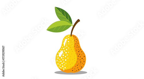 A ripe yellow pear with two green leaves and a stem stands against a white background.