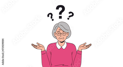 An elderly woman with gray hair wearing glasses and a pink sweater shrugs her shoulders with question marks above her head.